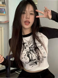 Black And White Stitching Contrast Color Cotton Printed Short Top Tight-Fitting Long-Sleeved T-shirt Women Grunge