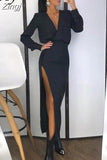 Elegant Solid Maxi Dress for Women Fashion Long Sleeves V-Neck High Side Slit Slim Dress Casual Streetwear Mujer