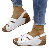 New Summer Women's Slope Heel Sandals Thick-Soled Buckle Sandals Round Head Solid Color Slope Heel