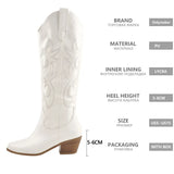 Onlymaker Women White Knee High Boots Western Cowboy Boots Wide Calf Embroidered Pointed Toe Block Heel Pull-On Cowgirl