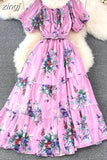 Women Floral Chiffon Dress Vacation Beach Vestidos Female Elegant Slash Neck High Waist A-Line Midi Robe Bohemian