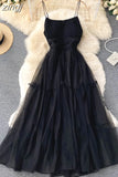 Women Sexy Mesh Spaghetti Strap Long Dress Summer Orange/Purple/Blue/Pink Ruffle A-Line Beach Robe Female Elegant Party