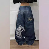 Hip-Hop Skull Printed Jeans For Men And Women High Street Tide Brand Loose Wide-Legged Floor