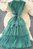 Women Purple/Pink/Green Draped Dress Vintage Ruffle Stand Collar Sleeveless High Waist Party Pleated Vestidos Female