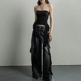 Summer Y2k Tank Tops Asymmetrical Fringed Ruffle Top Streetwear Black Strapless