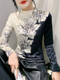 Turtleneck Pleuche T-shirt Women Sweet Printing Flowers Stretchable TShirts Lady Long Sleeve Soft Slim Tee Top