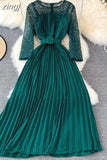 Women Lace Patchwork Pleated Long Dress Vintage Round Neck High Waist Big Swing Draped Vestidos Female Green/Red Robe