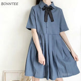 Women Bow-knot Pleated Lapel School Style Harajuku Large Size 2XL Cute Girls Newest Midi Dresses Daily Soft Popular