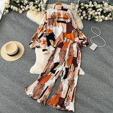Zingj Style Two-Piece Suit Women's Autumn French Retro Print Loose Long-Sleeved Skirt High-Waist Straight Casual