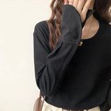 Spring And Autumn White T-Shirt Women's Medium And Long Style Spliced Shirt Sleeves Pure Cotton Loose Long-Sleeved T-Shirt Bottomed
