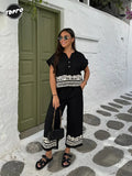 Contrast Color Printed Pant Sets Women Casual V-neck Short-sleeved Button Tops Wide Leg Pant Suit Chic Lady Street