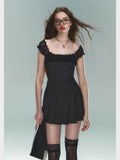 Black Pleated Strap Mini Dress- Outfit