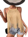 Women's Hot-Selling Solid Color Sleeveless Neck Top Ladies' Fashionable Tassel Beach