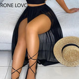 Women Solid Solid Crop Top & Sheer Mesh High Slit Maxi Skirt Casual Solid Set Two