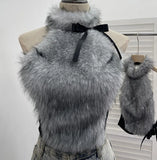 Bow Decorative Hair Splicing Elastic Hanging Neck Vest Outside Wearing Hairy Short Grinding Coat