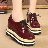 Women Shoes Patent Leather Lace Up Thick Heel Increased Flat Platform Oxford Shoes Woman Loafers Solid Black Casual