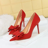Zingj Korean Version Fashion Thin Heels, Silk, Shallow Pointed Bow Single High Heel Women's