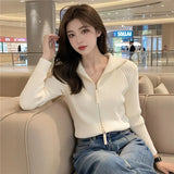 Standing Collar Double Zipper Design Sense Knit Cardigan Female Jacket Autumn New Style Slim Small Long-Sleeved Sweater Jacket-Outfit