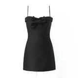Satin Strap 3D Bow Solid Mini Dress-Outfit