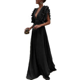 Sleeves Mid Waist V-neck Backless Solid Color Long