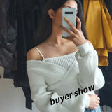 Fake Two Sweater Women Spring Autumn New V-Neck Full Sexy Knitted Sweaters Korean Short Chic Wild Fashion