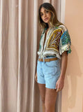 Summer Women blouse 100% ramie Flower Folds V-neck turn-down collar short sleeve printing