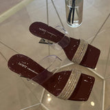 Summer New Toe Slippers Women Wearing Square Head Drill Word With Thick Heel Large-Size Cool Drag High