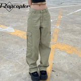 y2k Green Cargo Jeans Big Pockets Low Waisted Trousers Harajuku Casual Basic Sweatpants Women Retro Sporty Joggers