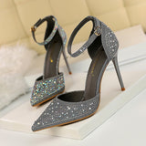 Zingj Korean Version Of Sweet High Heels With High Heel Shallow Pointed Hollow Out A Word With Shiny Rhinestone