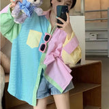 Spring Summer Women's Blouse Kawaii Shirt Korean Sweet Candy Color Patchwork Striped Long Sleeve Tunic Beautiful