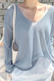 2023 Spring Summer Autumn Thin Sexy Women Tops Blouse V-neck Pullover Tops Solid Korean Loose Sunscreen New Lady