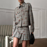 Plaid-Print Set Shirt-Style Jacket With Hundreds Of Folded Skirt Autumn And Winter Crumuml Flower Design Sweet Retro