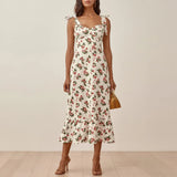 For Women Elegant Vintage Floral Dress Frill Sweetheart Neck Sleeveless Strap Tie Ruffle Hem Summer Beach