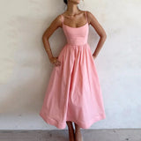 Women's New 2025 Spring Dress Solid Color Sexy U-Neck Waist Folding Sling