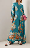 Women Vintage Print Spliced Lace Up Maxi Dress with ribbon Casual Loose V Neck Flare Sleeves Dresses Summer Lady Elegant