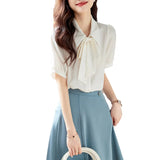 Zingj Chiffon Ribbon Short-Sleeved Shirt Female Summer Versatile New Advanced Sense Design Sense Minority Professional