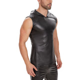 Zingj Matte Leather Vest Premium Soft Lacquered Leather Hooded Sleeveless T-Shirt With No