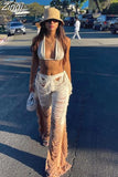 Y2K Solid Knitted Straight Pants for Women Hipster Tassel Hollow Out High-Waist Bottoms Streetwear Christmas