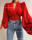 Zingj Wise Hot Style Spring New Temperament Button V-Collar Lantern Sleeve Jacket