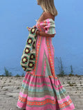 Patchwork Half Sleeved Women Maxi Dress Casual Beach Holiday Square Collar Ruffles Loose Dress Female Bohemian Mujer