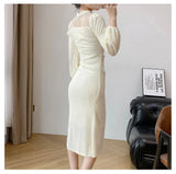 Hollow Lace Patchwork Midi Dresses for Women 2023 Autumn New Elegant Evening Prom Party Long Sleeve Slim Female