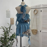 Neck Lotus Leaf Side Ribbon Print Between The Draw Folded Lace With Bareback Bow Dress