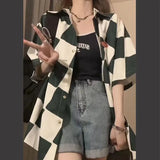 Streetwear Y2k Plaid Woman Overshirt Elegant Blouses for Women Short Sleeve Summer 2023 Womens Fashion Korean Style
