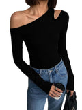 Skew Collar Off-shoulder Long-sleeved T-shirts Women Spring 2023 New Solid Slim Fit Crop Top Sexy Hollow Out Tees