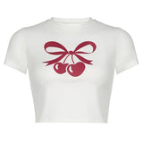 And Lovely Cherry Bow Printed Round Collar Basic T-Shirt Girls Wear A New Style Of Simple Blouse In
