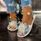 Temperament Pearl Flowers Wearing Flat-Soled Sandals Women's New Summer With Skirt Fairy Wind