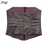 Women Sexy Strapless Corset Style PU Leather Blouse Femme Summer Buckle Up Short Smock Shirt Chic Crop Blusas Tops