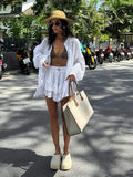 Women's Spring Hollow Out Skirt Suit Chic Long Sleeve Single Breasted Shirts Tiered Mini Skirts Set Female Summer New