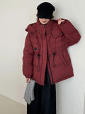Outdoor Cold Resistant White Duck Velvet Overalls Down Jacket Female 2024 New Fashion Hooded Leather Logo Waist Show Thin Coat-Outfit