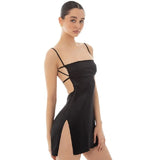 Sexy Satin Suspender Dresses For Women Elegant Sleeveless Backless Party Club clothes Mini Slit Dress Y2k